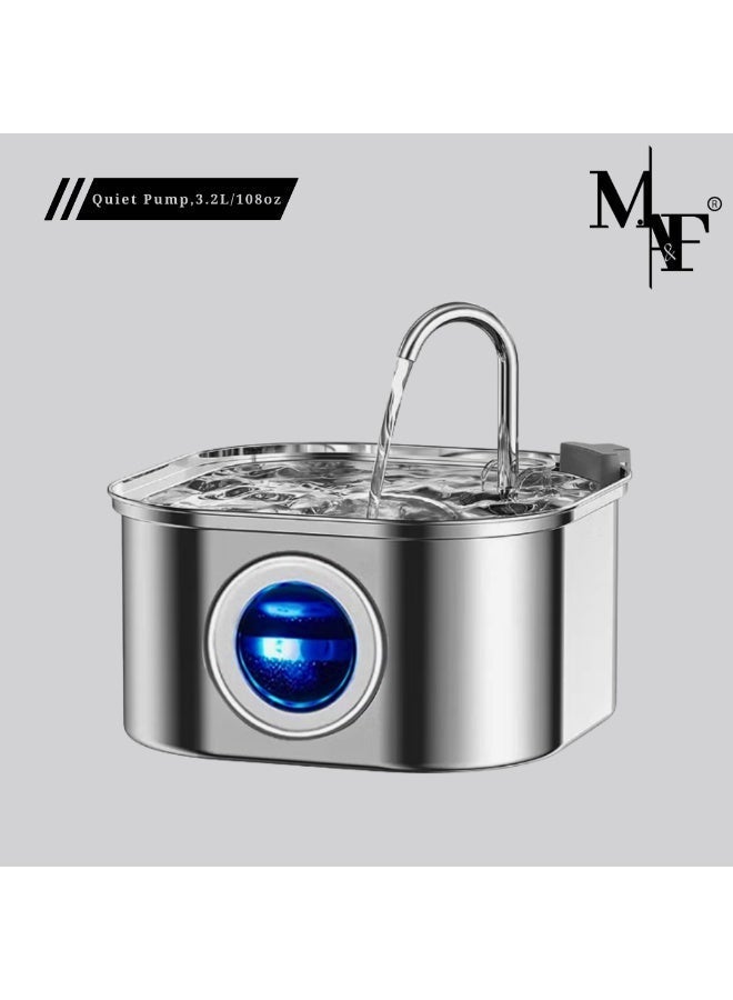 م.ا & ف'س نافورة مياه للقطط، نافورة مياه للحيوانات الأليفة من الفولاذ المقاوم للصدأ مع مضخة هادئة، سعة كبيرة 3.2 لتر/108 أونصة، موزع مياه للحيوانات الأليفة مناسب للاستخدام الداخلي - Image 1